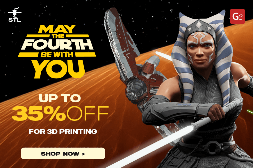 Promo banner with 'May the 4th be with you,' 35% off 3D models, sci-fi character wielding a lightsaber.