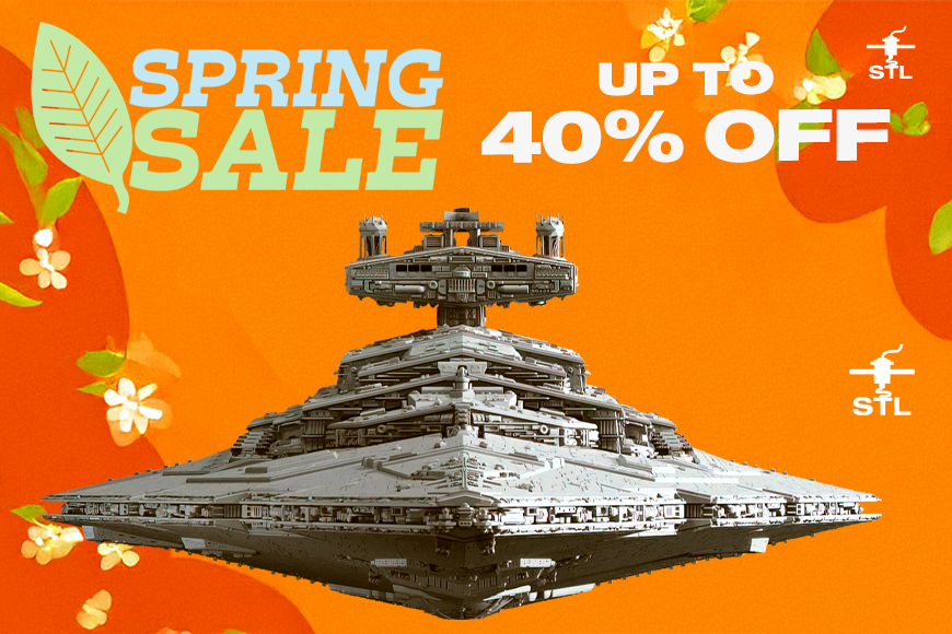 Spring Sale 2024: Up to 40% off on 3D model STL files. Starship design on bright floral background.