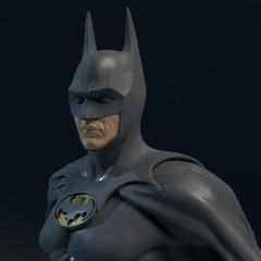 3D model of a superhero in a dark suit with pointed ears and an emblem on the chest, inspired by 1989 style.