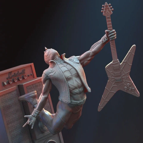Guitar-wielding superhero in punk attire leaping by an amplifier.
