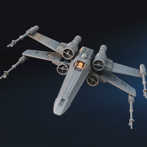 A detailed 3D model of a T-65B X-Wing spaceship displaying four wings and engines.