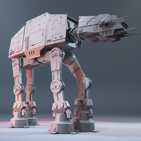 Futuristic four-legged robotic vehicle with a boxy body and articulated legs.