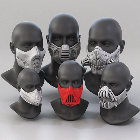 Collection of five futuristic face mask designs on mannequin heads.