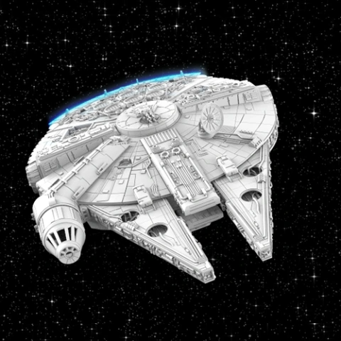 A detailed 3D model of the Millennium Falcon spaceship set against a starry background.