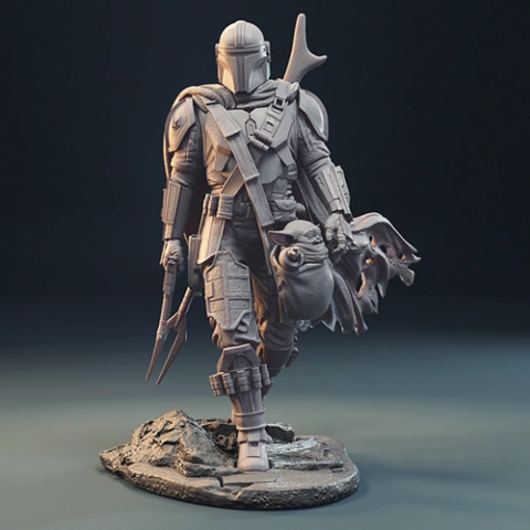A detailed 3D-printed model of a Mandalorian figure carrying a creature on a rocky base.