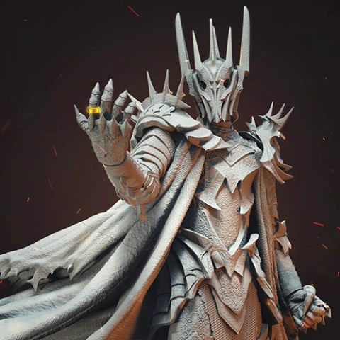 Armored figure with spiked helmet holding a ring, designed for 3D printing.