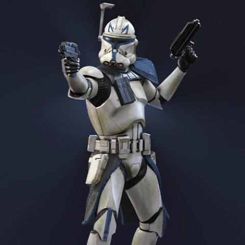 Clone trooper in armor dual-wielding blasters, 3D print model for Captain Rex.