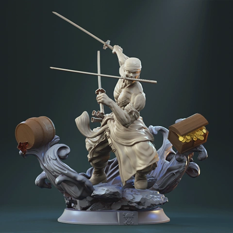 A warrior with three swords stands amid swirling waves, with a barrel and treasure chest nearby.