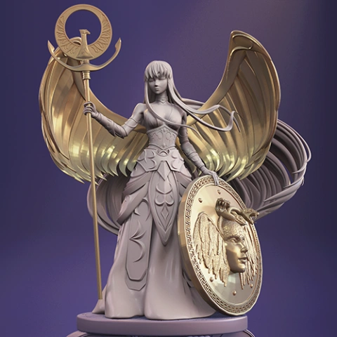 A figurine of a robed female character with large wings, holding a staff and shield, designed for 3D printing.