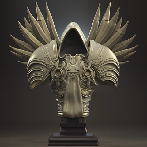 Bust of a hooded figure with ornate armor and large wings, mounted on a stand.
