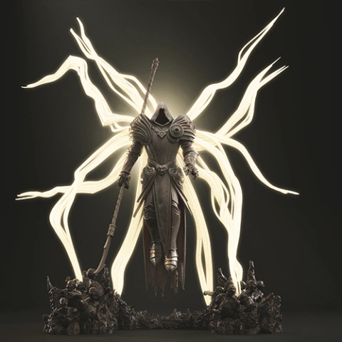 Hooded armored figure with wings, holding a staff, stands on rocky base with glowing light projections.