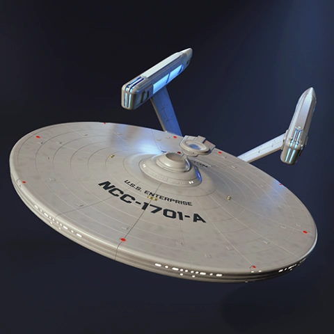 A 3D model of the USS Enterprise NCC-1701-A starship, with a circular saucer and twin nacelles.