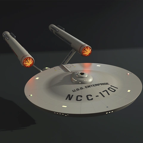 A 3D model of the USS Enterprise NCC-1701 starship with glowing engines, designed for 3D printing.