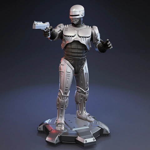 A detailed 3D model of RoboCop from 1987, posed on a futuristic base with a gun drawn.