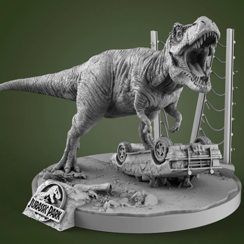 A detailed T. Rex 3D model on a base with overturned car and broken fence, labeled Jurassic Park.
