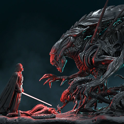 A towering Alien Queen faces a cloaked figure with a glowing sword on a rocky base.