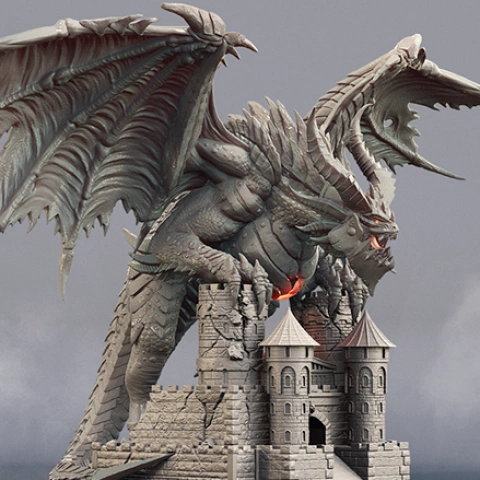 A detailed dragon with massive wings perched on a crumbling castle.