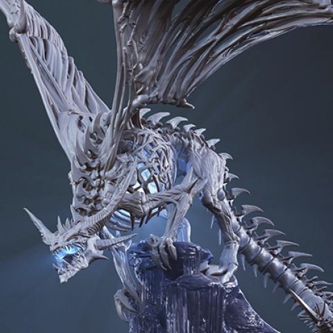 A skeletal dragon-like creature with large wings perched on a rocky base, designed for 3D printing.