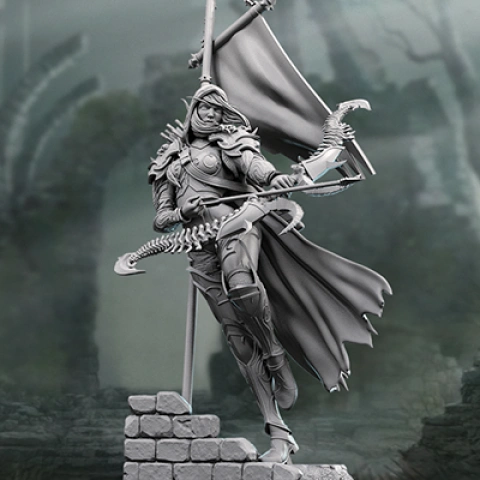 Armored elf-like character with a bow, standing on stone steps with a flag, in a dynamic pose.