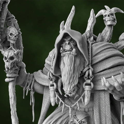 A detailed 3D model of a hooded, bearded sorcerer with a staff adorned with skulls.