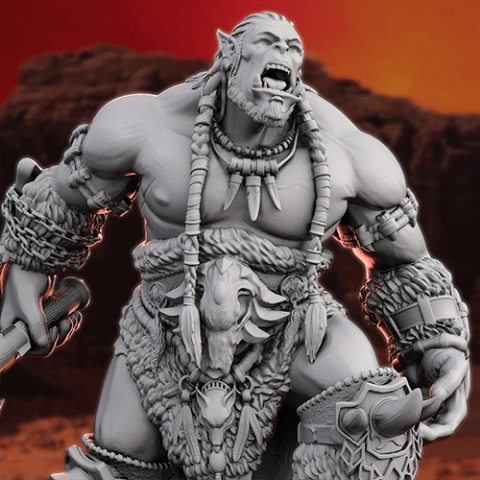 Orc warrior model with braided hair, tusk necklace, and detailed armor, roaring fiercely.