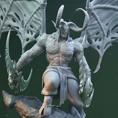 A muscular winged demon with large horns, holding curved blades, stands atop a rocky base.