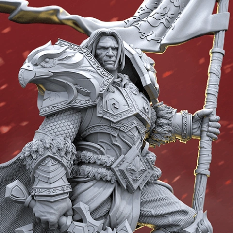 A detailed 3D model of an armored warrior with a flag, featuring intricate armor design.