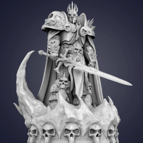Armored figure with a crown, holding a sword, standing amidst skulls and spikes, designed for 3D printing.