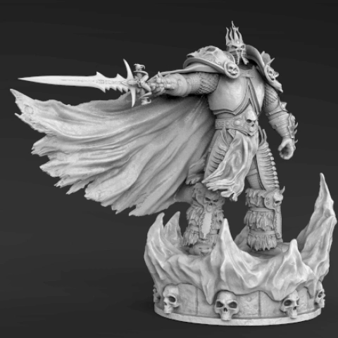 Armor-clad warrior with a sword and flowing cape, standing on a skull-adorned base with icy spikes.