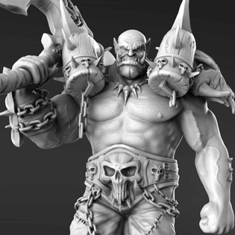 Muscular orc warrior with spiked armor, skull belt, and large weapon, ready for 3D printing.