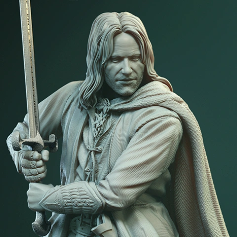 A detailed 3D model of a cloaked warrior, holding a sword in a dynamic pose, suitable for 3D printing.