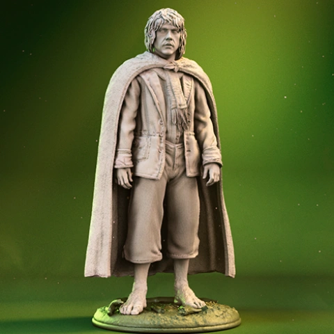 A detailed 3D model of a hobbit with a cloak, standing on a round base.