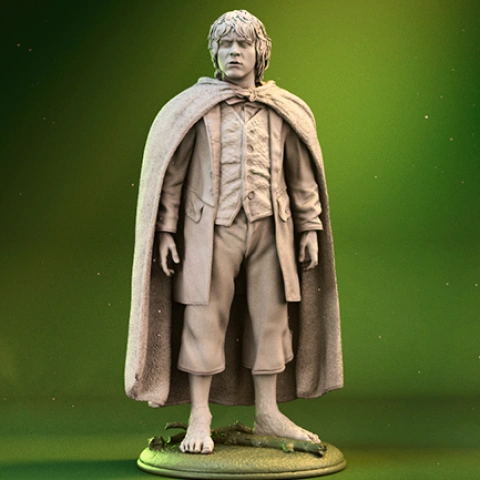 3D model of a hobbit in a cloak and vest, standing on a base with a green background.