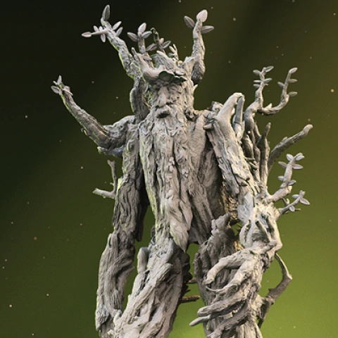 A detailed 3D model of a tree-like creature with branches and a humanoid face, set against a green background.