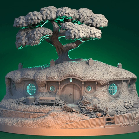 A detailed 3D bonsai pot depicting a Hobbit house with round doors and windows, plus a tree on top.