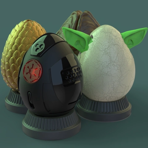 Decorative sci-fi themed Easter eggs, including designs inspired by spaceships and alien features.