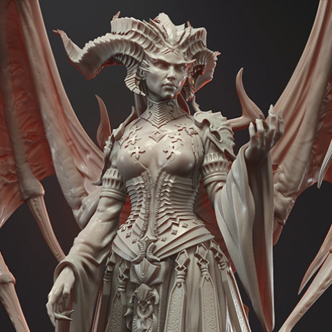 A detailed 3D model of a demonic figure with intricate armor and large, curved horns and wings.