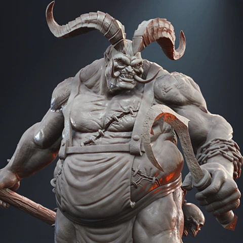 Muscular demon with horns and weapons, designed for 3D printing, inspired by Diablo IV.
