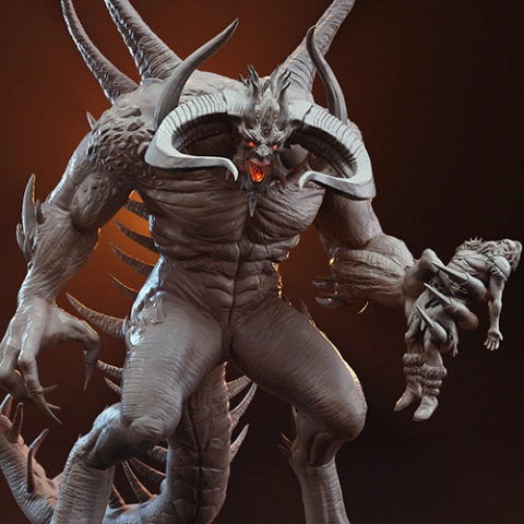 A detailed 3D model of a demonic creature with large horns, holding a figure in its hand.