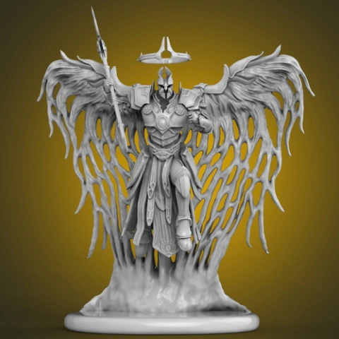 Armored angelic figure with large, detailed wings, holding a spear, standing on a decorative base.