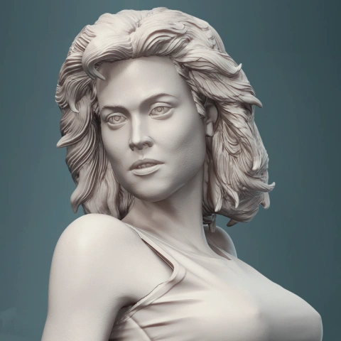 3D model of a woman with wavy hair in a tank top, showcasing detailed facial features.