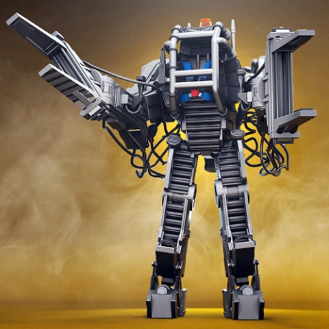 A detailed 3D model of a futuristic exoskeleton mech suit with mechanical arms and cables.