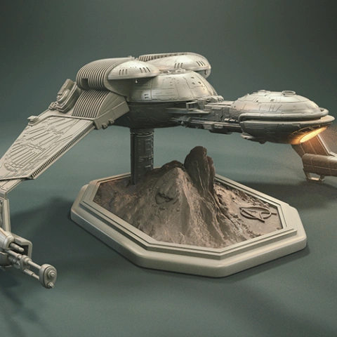 A detailed 3D model of a Klingon Bird-of-Prey spaceship on a display stand, ready for printing.