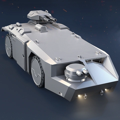 Futuristic armored personnel carrier with turret and rugged design.