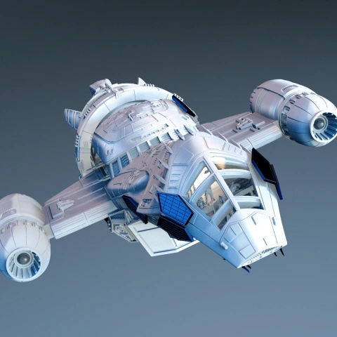 Futuristic spaceship model with twin engines and a sleek, aerodynamic design for 3D printing.