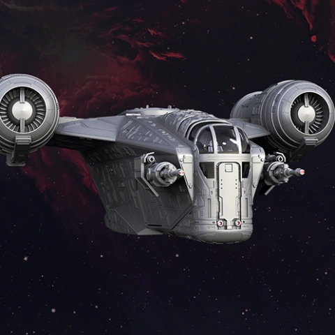 A detailed 3D model of a sci-fi spaceship with twin engines, set against a starry, colorful space background.
