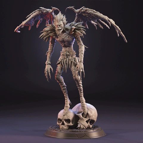 A detailed 3D model of a winged, skeletal creature standing on skulls, designed for 3D printing.