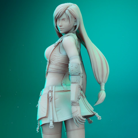 3D model of a female character with long hair in a dynamic pose, wearing a short skirt and gloves.