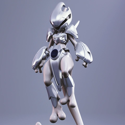 Futuristic armored figure resembling a cat-like creature with sleek metallic design.