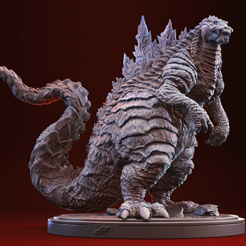 A detailed 3D model of a textured, reptilian creature with spiky back, standing on a round base.